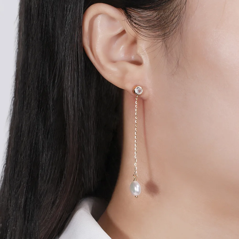 925 Sterling Silver Zirconia Fresh Water Pearl Tassel Stud Earring 40500044 - image1