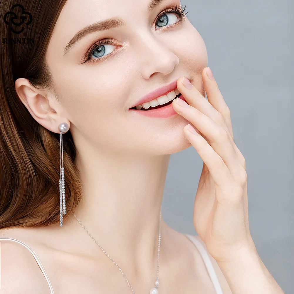 925 Sterling Silver Fresh Water Pearl Zirconia Tassel Stud Earring 40500046 - image1