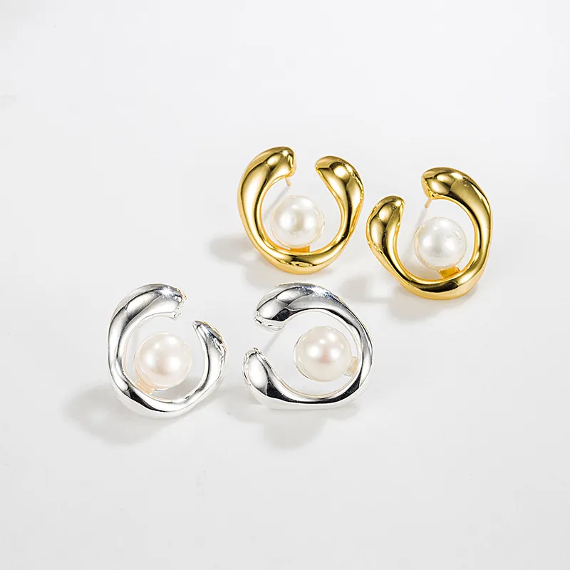 925 Sterling Silver Geometric Fresh Water Pearl Stud Earring 40500051 - image1