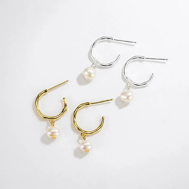 925 Sterling Silver C-shaped Fresh Water Pearl Dangle Earring 40500055 - image1