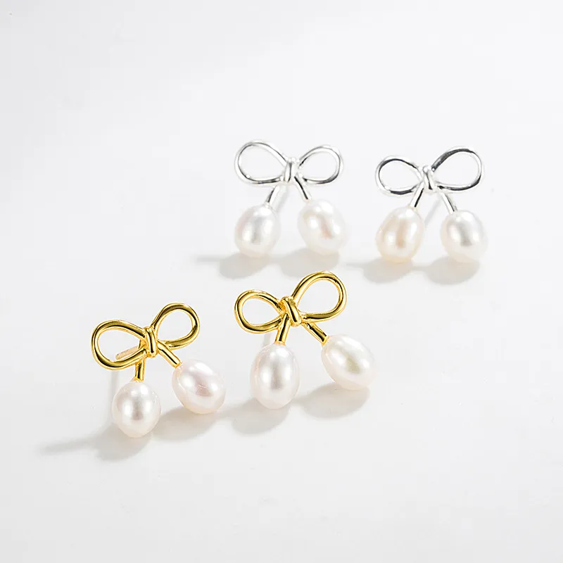 925 Sterling Silver Bow Fresh Pearl Stud Earring 40500057 - image1