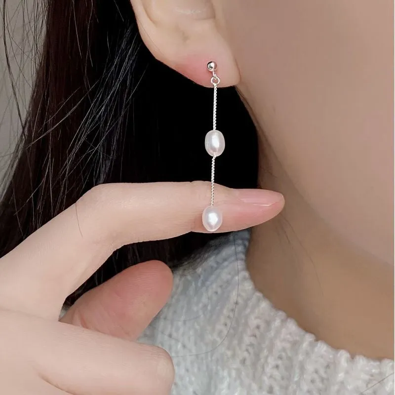 925 Sterling Silver Long Tassel Fresh Water Peral Stud Earring 40500059 - image1