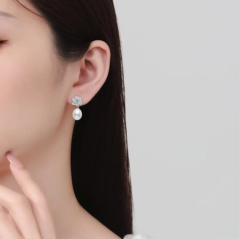 925 Sterling Silver Moissanite Fresh Water Pearl Stud Earring 40500066 - image1