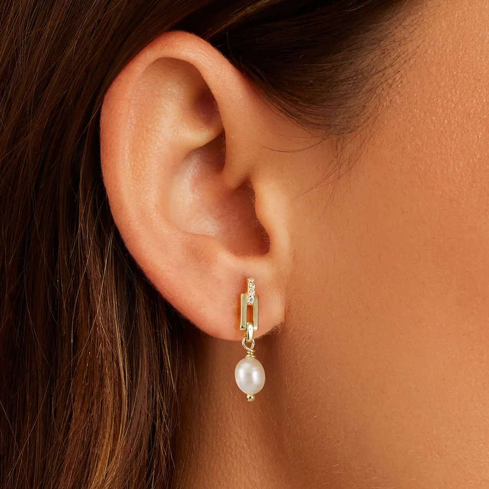 925 Sterling Silver Paperclip Link Pearl Earring 40500072 - image1