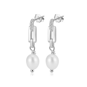 925 Sterling Silver Paperclip Link Pearl Earring 40500072