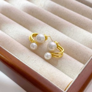 925 Sterling Silver Geometric Double Pearl Earrings 40500080