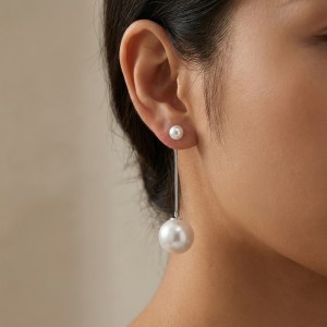 925 Sterling Silver Linear Double Shell Pearl Drop Earrings 40500083