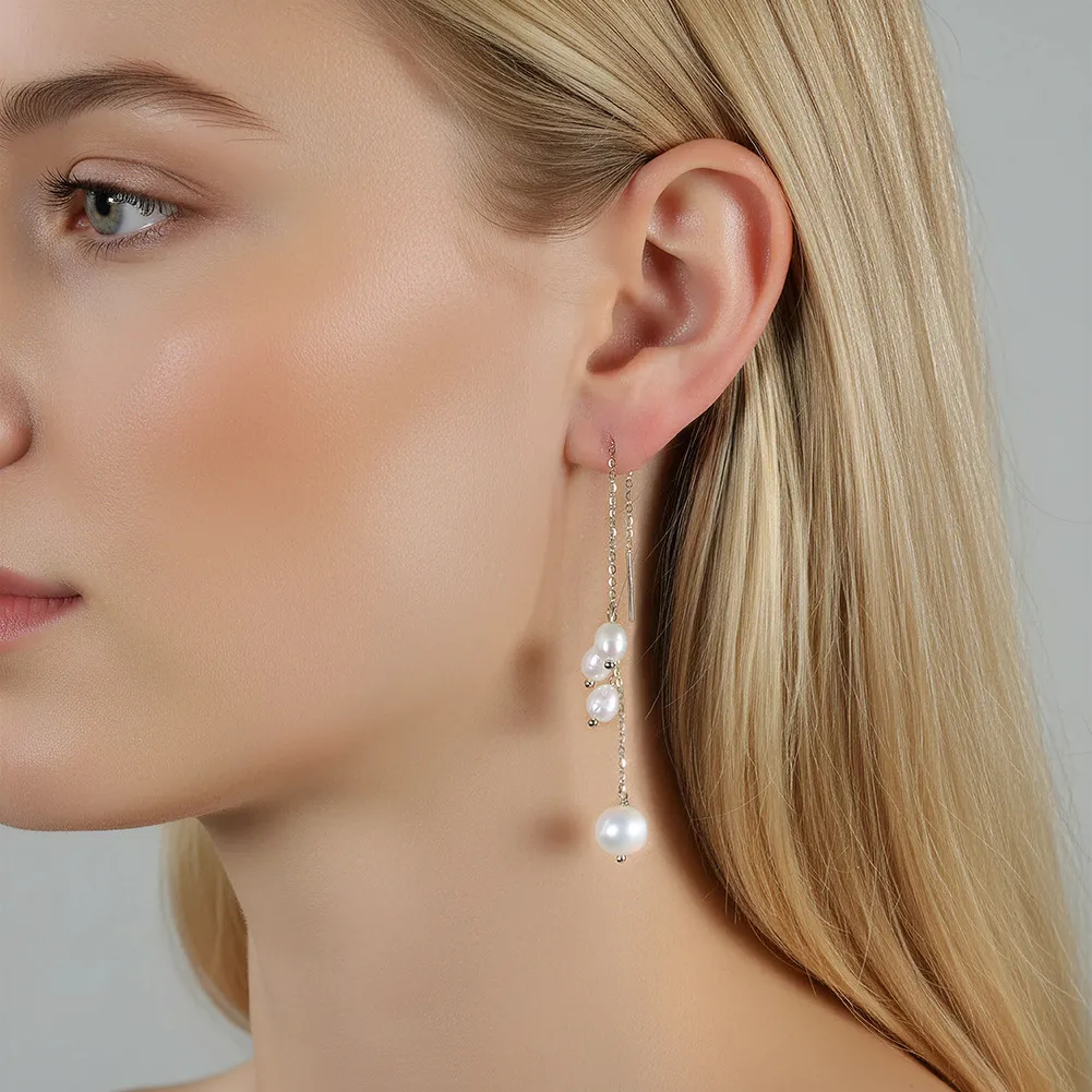 925 Sterling Silver Natural Pearl Tassel Drop Earrings 40500087 - image1