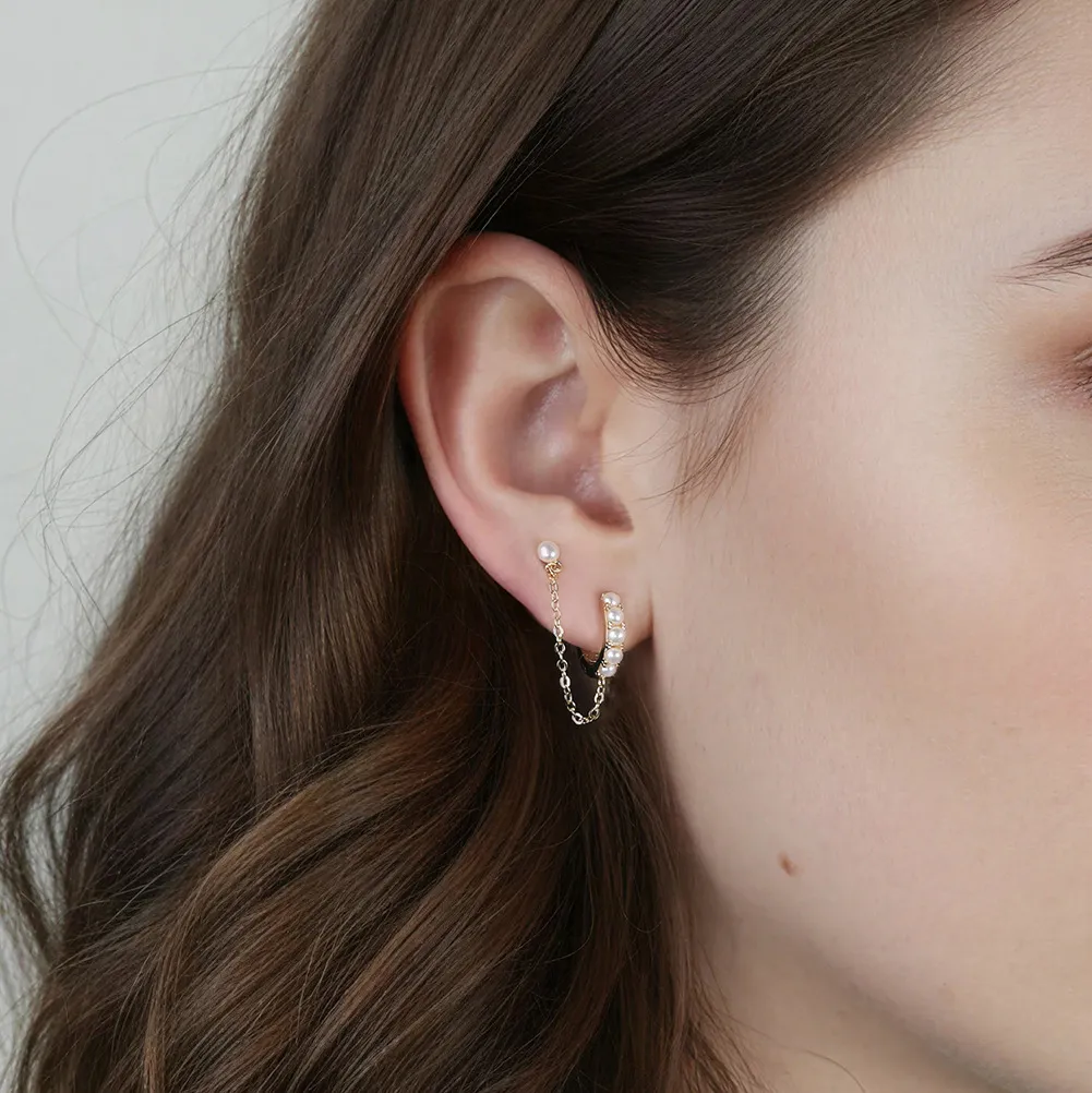 925 Sterling Silver Pearl Chain Double Piercing Earrings 40500089 - image1