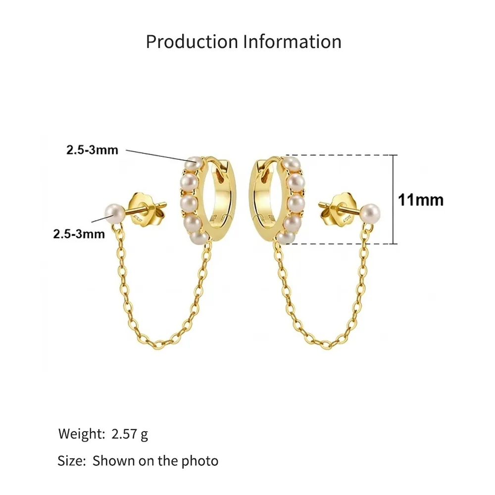 925 Sterling Silver Pearl Chain Double Piercing Earrings 40500089 - image2