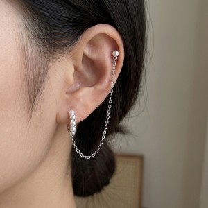 925 Sterling Silver Pearl Chain Double Piercing Earrings 40500089