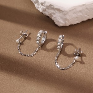 925 Sterling Silver Pearl Chain Double Piercing Earrings 40500089