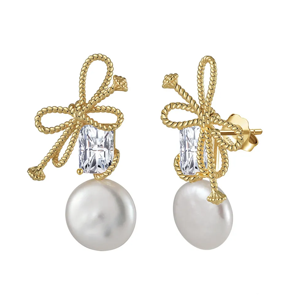 Wholesale 925 Sterling Silver Bow Zircon Freshwater Pearl Drop Earrings 40500096 Wholesale 925 Sterling Silver Bow Zircon Freshwater Pearl Drop Earrings 40500096