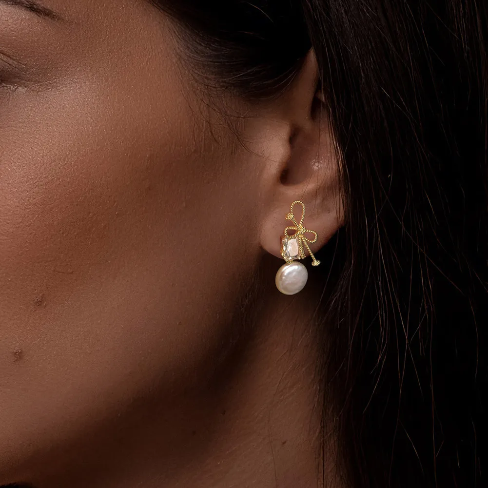 Wholesale 925 Sterling Silver Bow Zircon Freshwater Pearl Drop Earrings 40500096 - image1