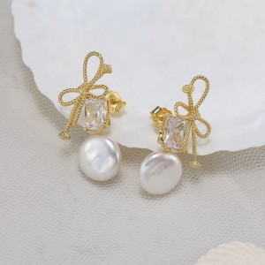 Wholesale 925 Sterling Silver Bow Zircon Freshwater Pearl Drop Earrings 40500096 Wholesale 925 Sterling Silver Bow Zircon Freshwater Pearl Drop Earrings 40500096
