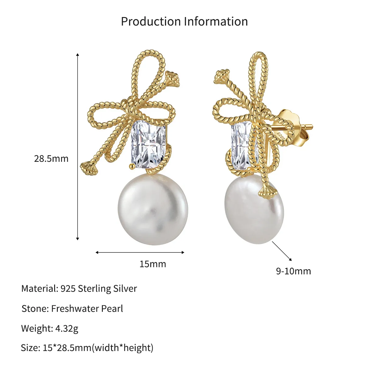 Wholesale 925 Sterling Silver Bow Zircon Freshwater Pearl Drop Earrings 40500096 - image2