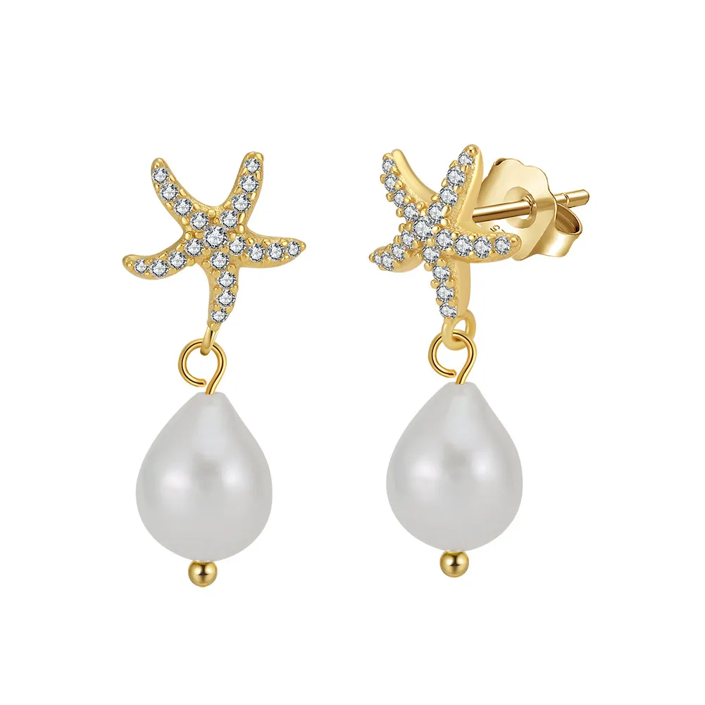 Wholesale 925 Sterling Silver Starfish Zircon Freshwater Pearl Drop Earrings 40500099 Wholesale 925 Sterling Silver Starfish Zircon Freshwater Pearl Drop Earrings 40500099