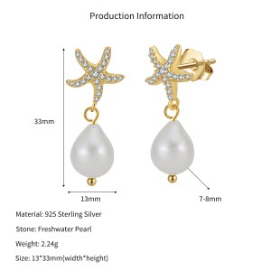 Wholesale 925 Sterling Silver Starfish Zircon Freshwater Pearl Drop Earrings 40500099 Wholesale 925 Sterling Silver Starfish Zircon Freshwater Pearl Drop Earrings 40500099