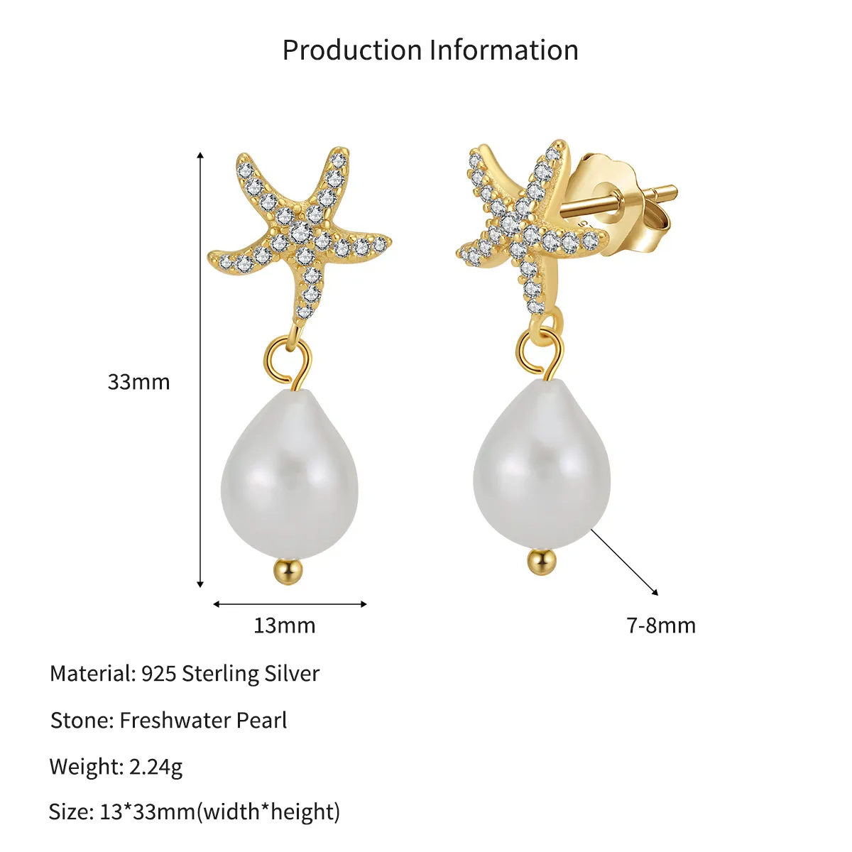 Wholesale 925 Sterling Silver Starfish Zircon Freshwater Pearl Drop Earrings 40500099 - image2