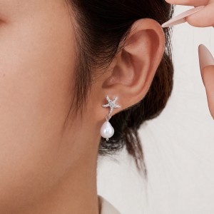 Wholesale 925 Sterling Silver Starfish Zircon Freshwater Pearl Drop Earrings 40500099 Wholesale 925 Sterling Silver Starfish Zircon Freshwater Pearl Drop Earrings 40500099