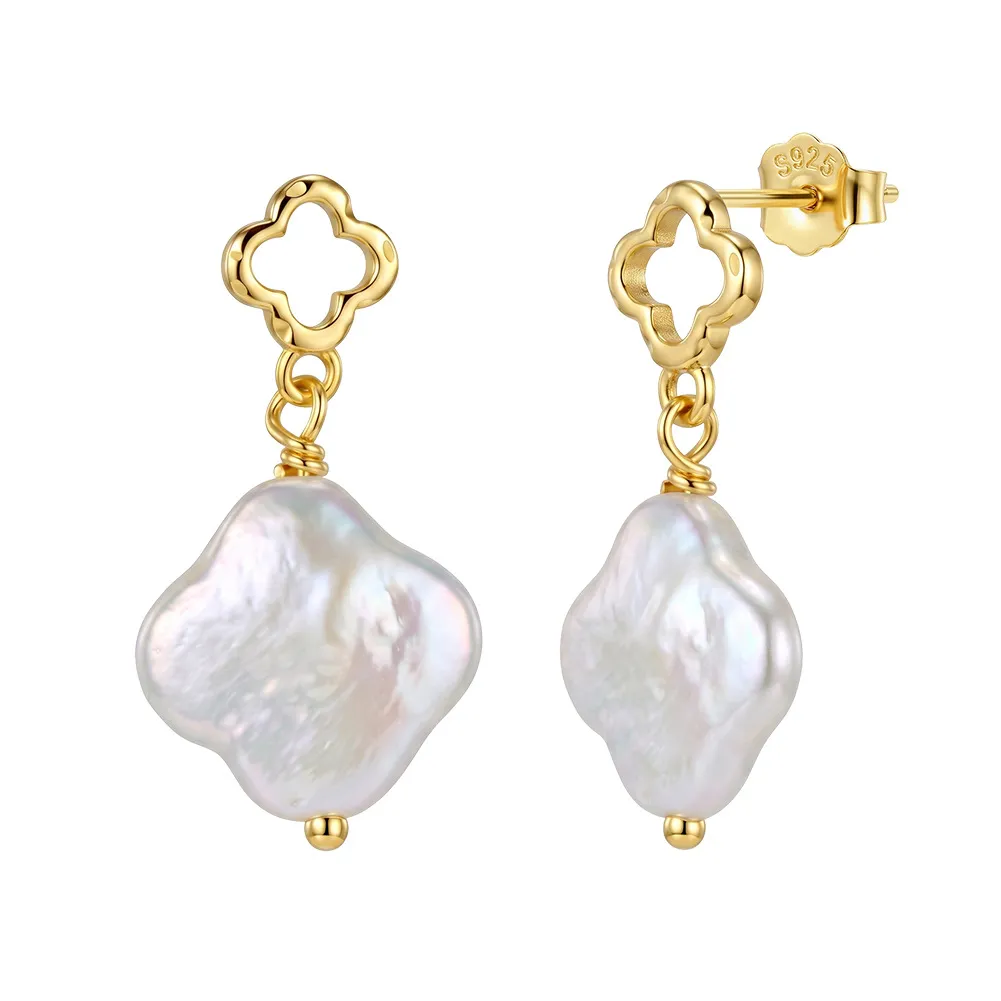 Wholesale 925 Sterling Silver Quatrefoil Baroque Pearl Drop Earrings 40500101 Wholesale 925 Sterling Silver Quatrefoil Baroque Pearl Drop Earrings 40500101