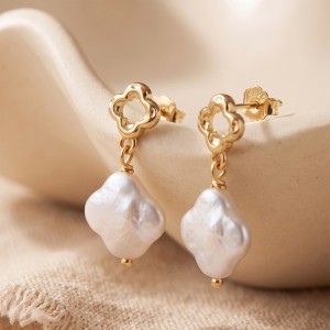 Wholesale 925 Sterling Silver Quatrefoil Baroque Pearl Drop Earrings 40500101 Wholesale 925 Sterling Silver Quatrefoil Baroque Pearl Drop Earrings 40500101