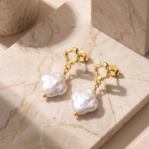 Wholesale 925 Sterling Silver Quatrefoil Baroque Pearl Drop Earrings 40500101 Wholesale 925 Sterling Silver Quatrefoil Baroque Pearl Drop Earrings 40500101