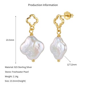 Wholesale 925 Sterling Silver Quatrefoil Baroque Pearl Drop Earrings 40500101 Wholesale 925 Sterling Silver Quatrefoil Baroque Pearl Drop Earrings 40500101