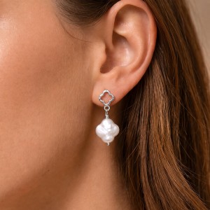 Wholesale 925 Sterling Silver Quatrefoil Baroque Pearl Drop Earrings 40500101 Wholesale 925 Sterling Silver Quatrefoil Baroque Pearl Drop Earrings 40500101