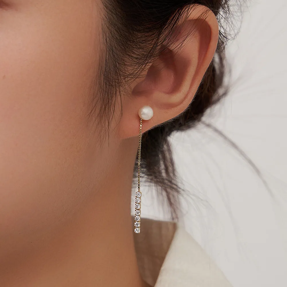Wholesale 925 Sterling Silver Freshwater Pearl CZ Chain Drop Earrings 40500108 - image1