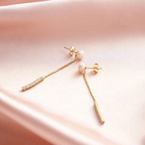 Wholesale 925 Sterling Silver Freshwater Pearl CZ Chain Drop Earrings 40500108 Wholesale 925 Sterling Silver Freshwater Pearl CZ Chain Drop Earrings 40500108