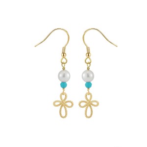 Wholesale 925 Sterling Silver Turquoise Freshwater Pearl Cross Drop Earrings 40500124 Wholesale 925 Sterling Silver Turquoise Freshwater Pearl Cross Drop Earrings 40500124