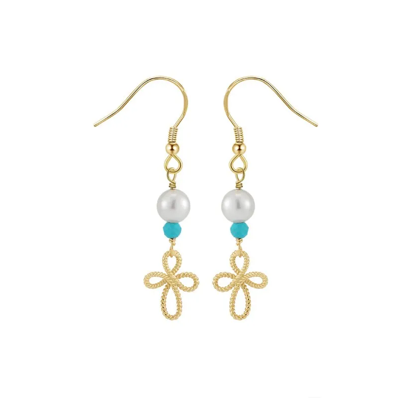 Wholesale 925 Sterling Silver Turquoise Freshwater Pearl Cross Drop Earrings 40500124
