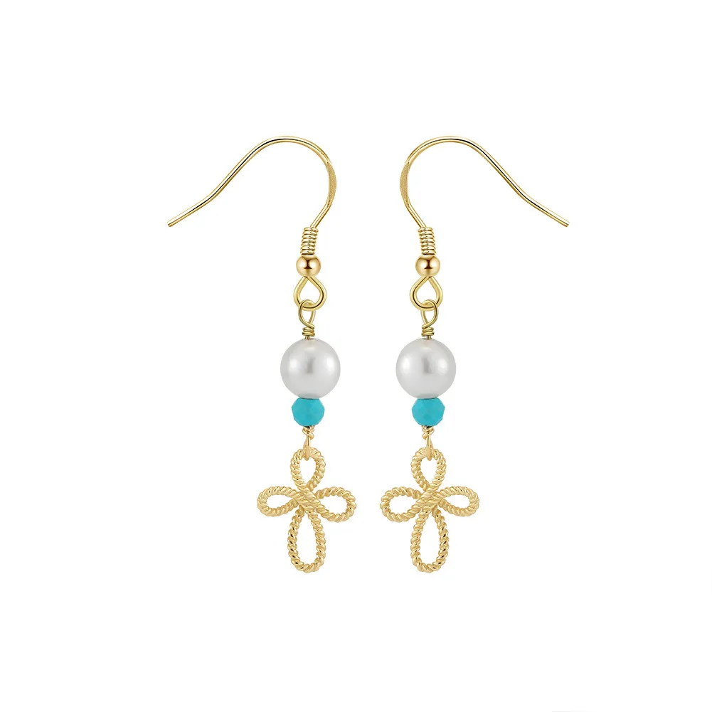 Wholesale 925 Sterling Silver Turquoise Freshwater Pearl Cross Drop Earrings 40500124 Wholesale 925 Sterling Silver Turquoise Freshwater Pearl Cross Drop Earrings 40500124