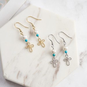 Wholesale 925 Sterling Silver Turquoise Freshwater Pearl Cross Drop Earrings 40500124 Wholesale 925 Sterling Silver Turquoise Freshwater Pearl Cross Drop Earrings 40500124