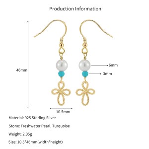 Wholesale 925 Sterling Silver Turquoise Freshwater Pearl Cross Drop Earrings 40500124 Wholesale 925 Sterling Silver Turquoise Freshwater Pearl Cross Drop Earrings 40500124