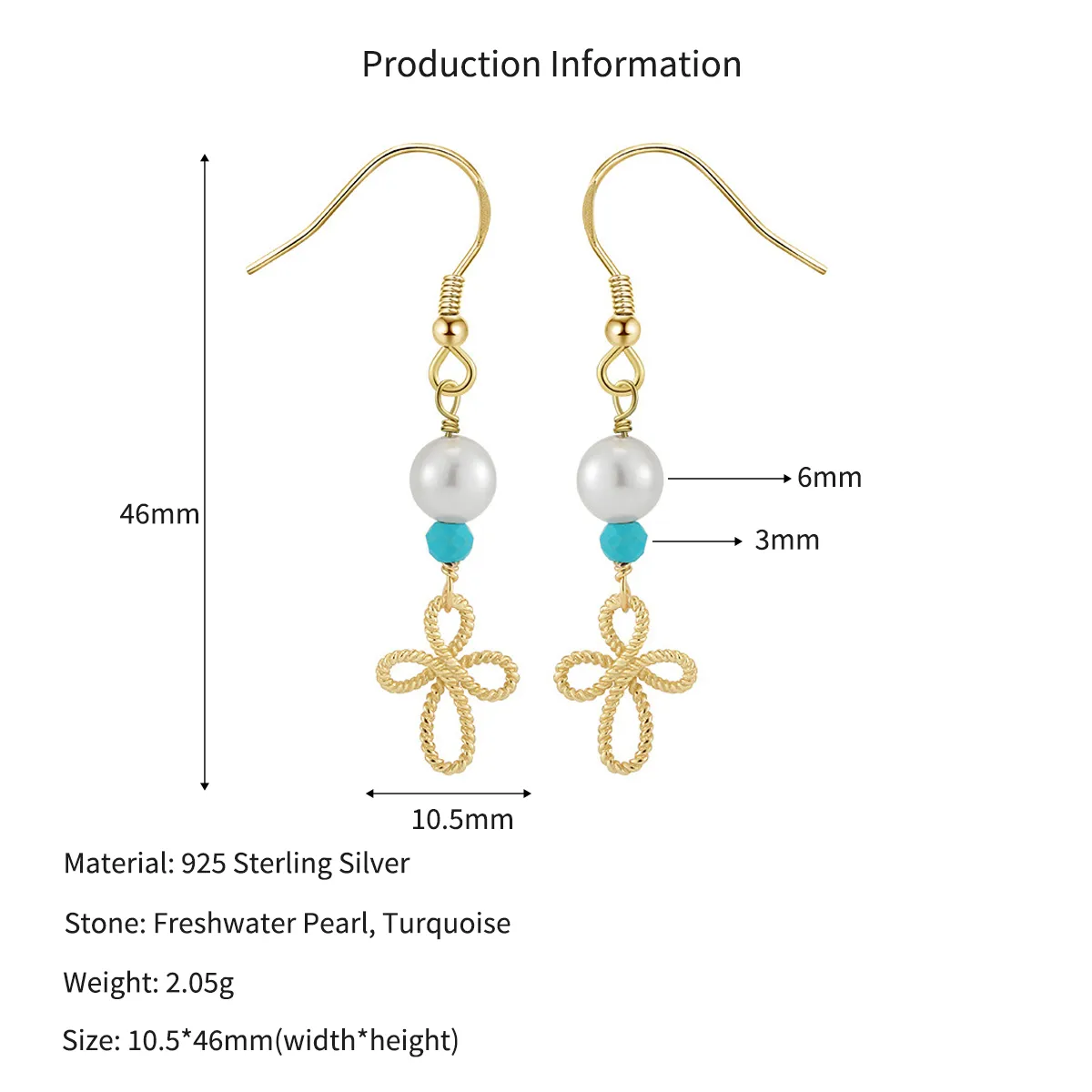 Wholesale 925 Sterling Silver Turquoise Freshwater Pearl Cross Drop Earrings 40500124 - image2