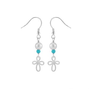 Wholesale 925 Sterling Silver Turquoise Freshwater Pearl Cross Drop Earrings 40500124 Wholesale 925 Sterling Silver Turquoise Freshwater Pearl Cross Drop Earrings 40500124