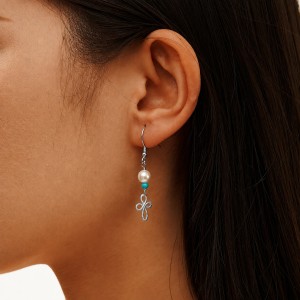 Wholesale 925 Sterling Silver Turquoise Freshwater Pearl Cross Drop Earrings 40500124 Wholesale 925 Sterling Silver Turquoise Freshwater Pearl Cross Drop Earrings 40500124