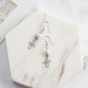 Wholesale 925 Sterling Silver Turquoise Freshwater Pearl Cross Drop Earrings 40500124 Wholesale 925 Sterling Silver Turquoise Freshwater Pearl Cross Drop Earrings 40500124