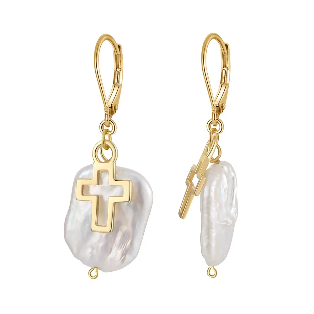 Wholesale 925 Sterling Silver Baroque Freshwater Pearl Cross Drop Earrings 40500125 Wholesale 925 Sterling Silver Baroque Freshwater Pearl Cross Drop Earrings 40500125