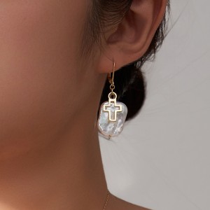 Wholesale 925 Sterling Silver Baroque Freshwater Pearl Cross Drop Earrings 40500125 Wholesale 925 Sterling Silver Baroque Freshwater Pearl Cross Drop Earrings 40500125