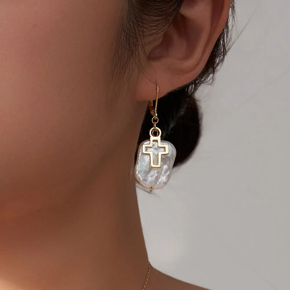 Wholesale 925 Sterling Silver Baroque Freshwater Pearl Cross Drop Earrings 40500125 - image1