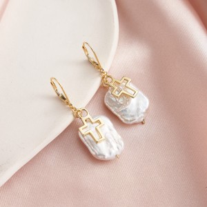 Wholesale 925 Sterling Silver Baroque Freshwater Pearl Cross Drop Earrings 40500125 Wholesale 925 Sterling Silver Baroque Freshwater Pearl Cross Drop Earrings 40500125