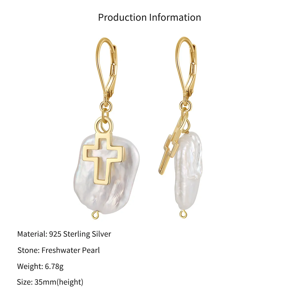 Wholesale 925 Sterling Silver Baroque Freshwater Pearl Cross Drop Earrings 40500125 - image2