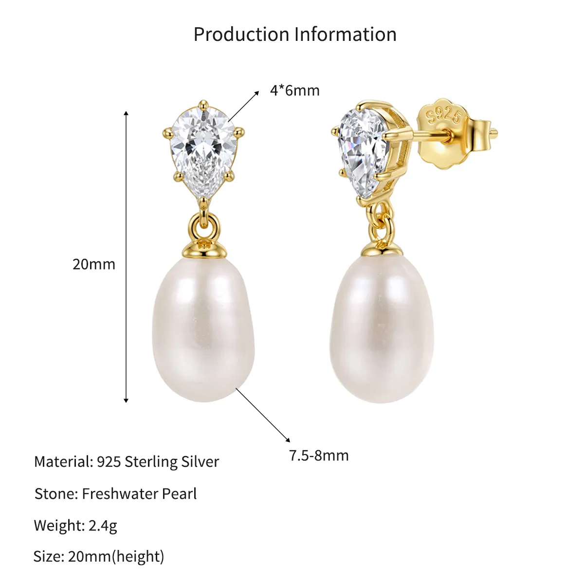 Wholesale 925 Sterling Silver Zirconia Freshwater Pearl Drop Earrings 40500126 - image2