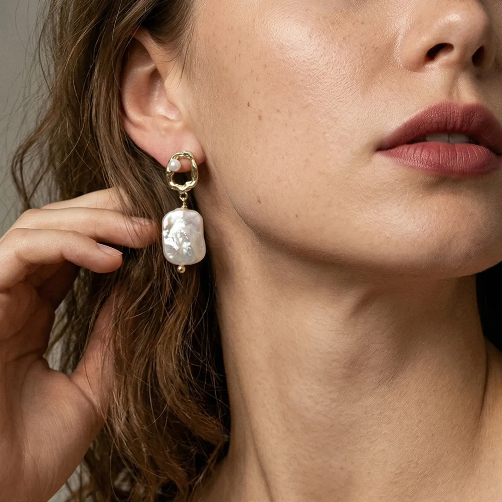 Wholesale 925 Sterling Silver Baroque Freshwater Pearl Geometric Drop Earrings 40500128 - image1