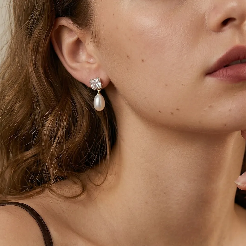 Wholesale 925 Sterling Silver Zirconia Freshwater Pearl Drop Stud Earrings 40500129 - image1
