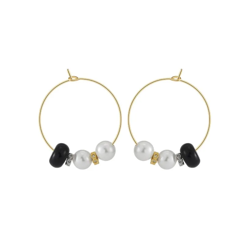 Wholesale 925 Sterling Silver Black Agate Shell Pearl Hoop Earrings 40500138 Wholesale 925 Sterling Silver Black Agate Shell Pearl Hoop Earrings 40500138