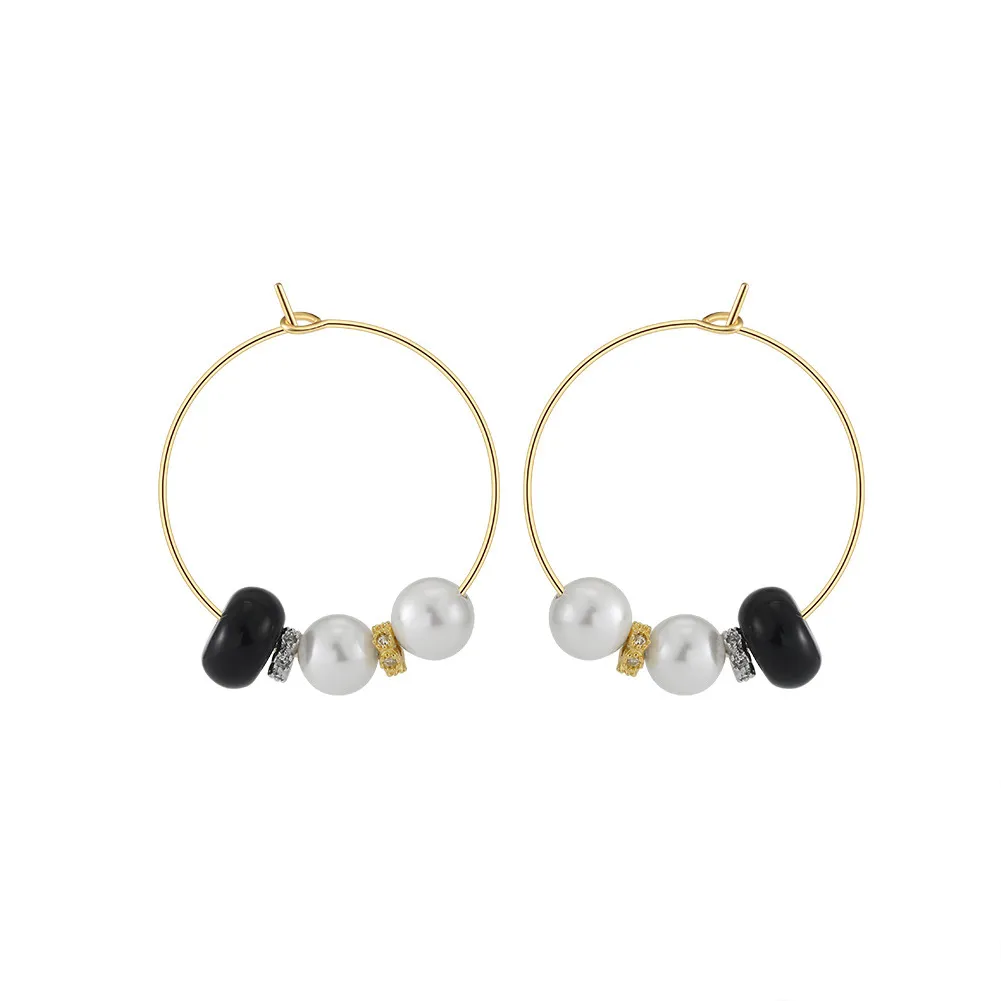 Wholesale 925 Sterling Silver Black Agate Shell Pearl Hoop Earrings 40500138 Wholesale 925 Sterling Silver Black Agate Shell Pearl Hoop Earrings 40500138